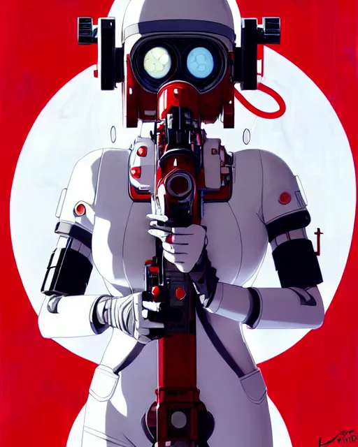 Prompt: white haired cyborg girl wearing a gas mask and red dress | | audrey plaza, warframe armor, fine detail!! anime!! realistic shaded lighting!! poster by ilya kuvshinov katsuhiro otomo ghost - in - the - shell, magali villeneuve, artgerm, jeremy lipkin and michael garmash and rob rey