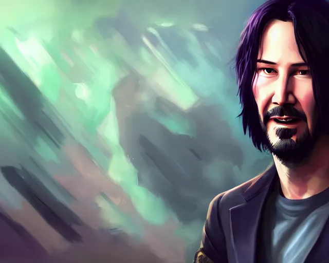 Image similar to portrait of keanu reeves from league of legends by jessica oyhenart, deiv calviz, trending on art station, pixiv top monthly, cinematic, league of legends splash art, anime