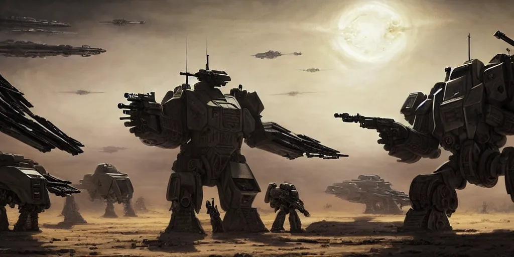 Image similar to hyper realistic sci - fi matte concept art painting of epic cinematic battle between a variety of mechwarriors and soldiers fighting on mercury with solar panels in background, guns, brightly lit!, beautiful details, strong composition painted by kim jung guweta studio rutkowski, james gurney and greg rutkowski, and lucasfilm, smooth, intricate, detailed, sharp focus, cinematic