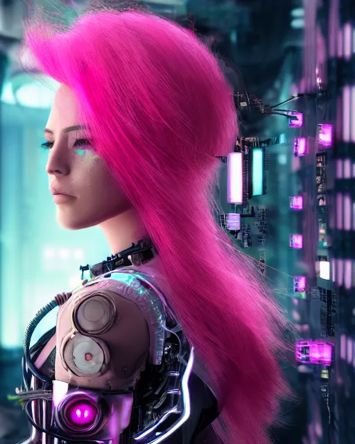 Image similar to portrait of a beautiful mexican woman with pink hair as a cyberpunk cyborg half robot, revealing wires and electronics, sci - fi, missing panels, intricate abstract upper body intricate artwork, concept art, octane render, deviantart, cinematic, key art, hyperrealism, iridescent accents, portrait photograph, nikon 3 5 mm, photograph by greg rutkowski