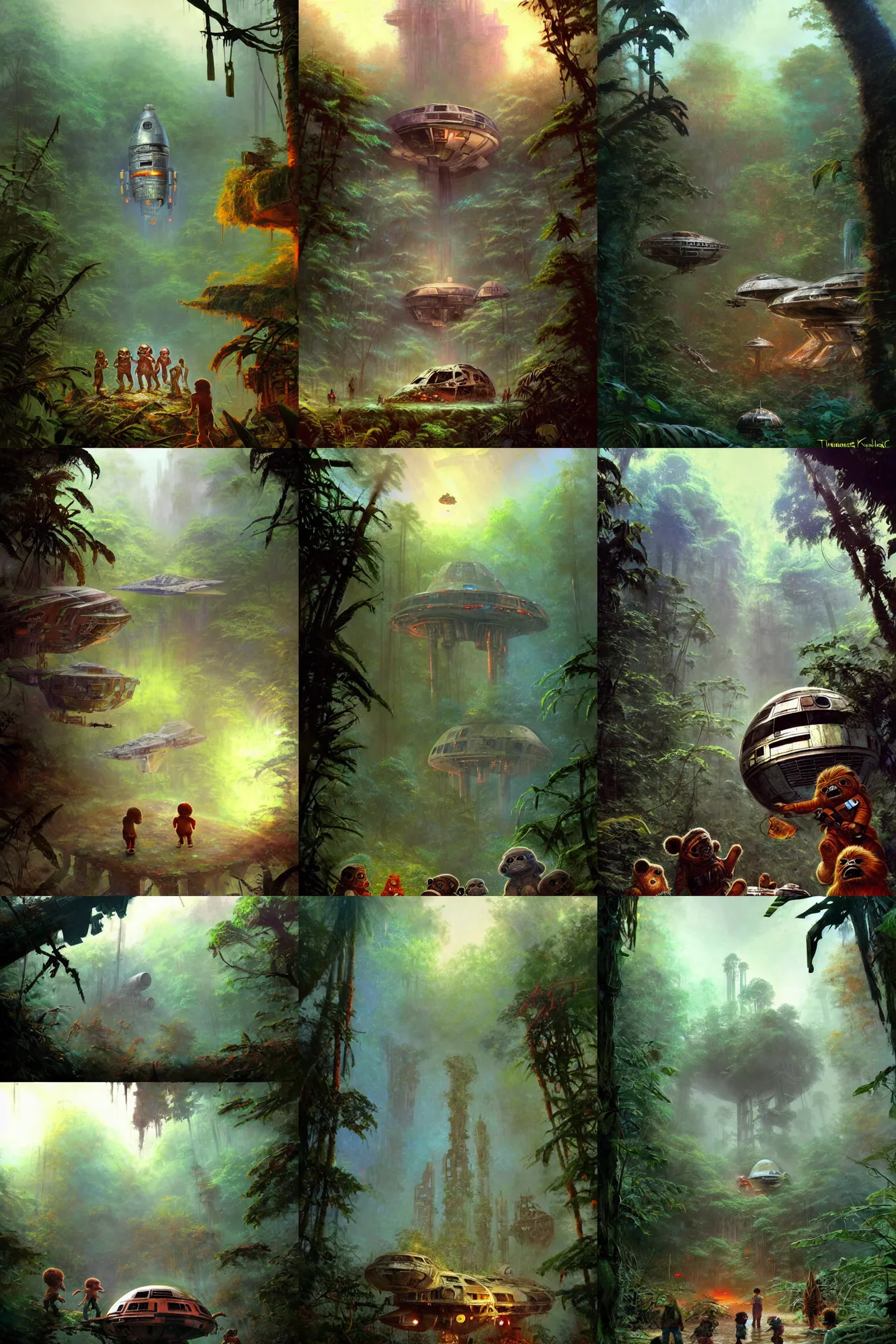 Prompt: abandoned pieces of a destroyed spaceship in the jungle of endor, large pieces of rusty metal towering over a group of very cute ewok kids playing in the ruins, light from above, art by thomas kinkade and james jean and craig mullins, trending on artstation, misty and foggy, playful and cheerful