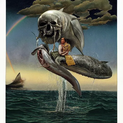 Image similar to a hyper realistic painting of death standing on the back of a dolphin that is jumping over a rainbow, by james c christensen and santiago caruso,