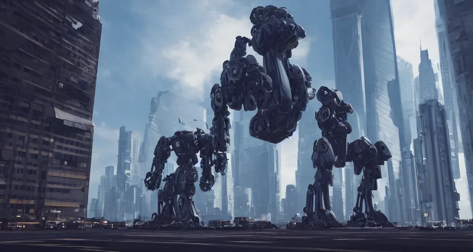 Image similar to a photo of a giant mech towering over astronauts in a futuristic city, ultra realistic, hyper - detailed, unreal engine, raytraced lighting,