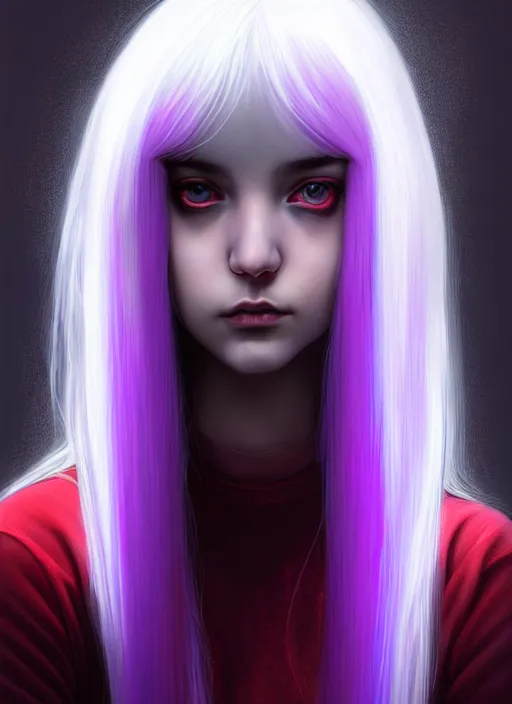 Image similar to hair whitebangs hair, black hair, whitebangs, portrait of teenage girl with white bangs, red irises, purple clothes, white bangs, bangs are different color from hair, intricate, elegant, glowing lights, highly detailed, digital painting, artstation, concept art, smooth, sharp focus, illustration, art by wlop, mars ravelo and greg rutkowski