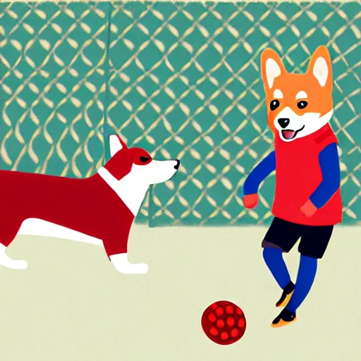 Image similar to illustration of boy playing football with a corgi wearing a polkadot scarf on the streets of paris