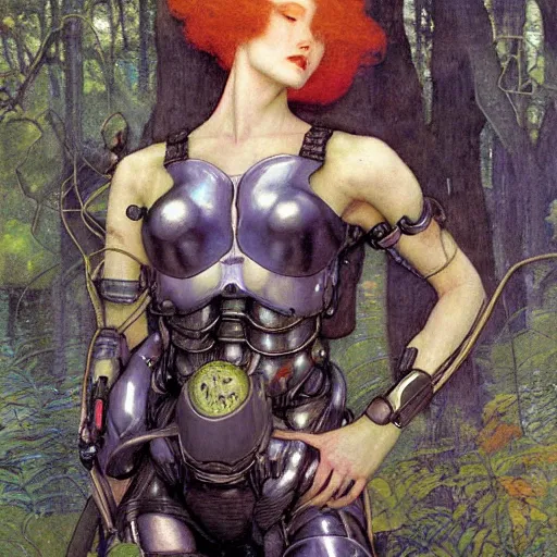 Prompt: beautiful female cyborg with auburn hair and a perfect body, lounging in the Marian forest at dusk, strange insects, by Edgar Maxence and Ross Tran and Michael Whelan and Gustav Klimpt