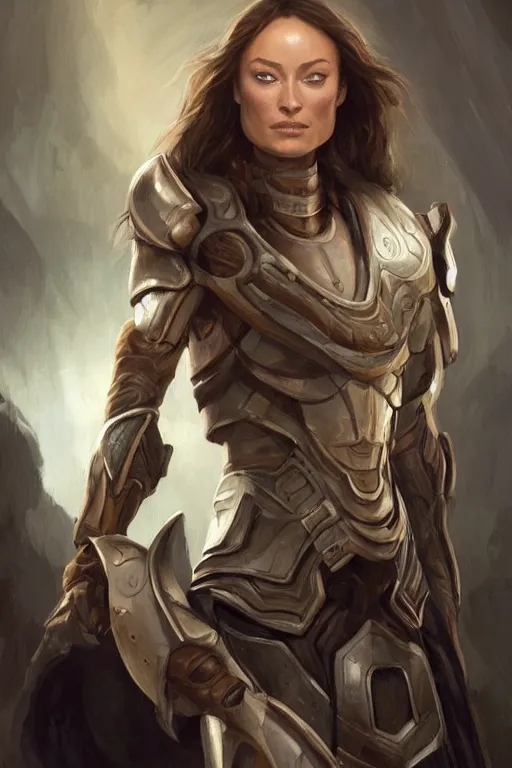 Image similar to a professional painting of a young Olivia Wilde, clothes in military armor, olive skin, long dark hair, beautiful bone structure, symmetrical facial features, intricate, elegant, digital painting, concept art, smooth, sharp focus, illustration, from StarCraft by Ruan Jia and Mandy Jurgens and Artgerm and William-Adolphe Bouguerea