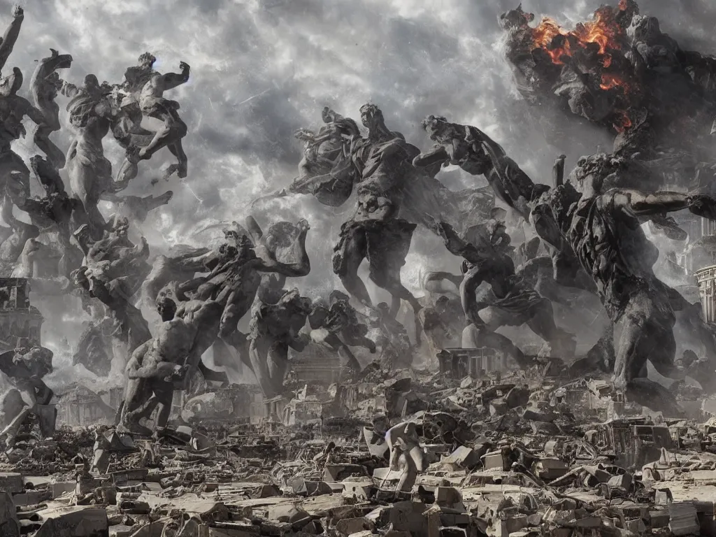 Image similar to giant greek statues attacking a city, city destruction ruins, debris flying around, swirls of fire