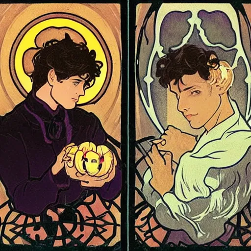 Image similar to tarot card of young cute handsome beautiful dark medium wavy hair man in his 2 0 s named shadow taehyung and cute handsome beautiful min - jun together at the halloween party, bubbling cauldron, candles, smoke, autumn colors, elegant, stylized, soft facial features, delicate facial features, art by alphonse mucha, vincent van gogh, egon schiele