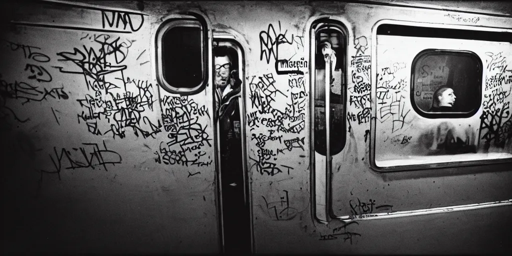 Image similar to subway cabin inside all in graffiti, man in carhartt jacket closeup writing graffiti, night, film photography, exposed b & w photography, christopher morris photography, bruce davidson photography