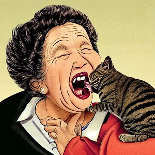 Prompt: an old woman opening her mouth wide and a cat jumping down her throat