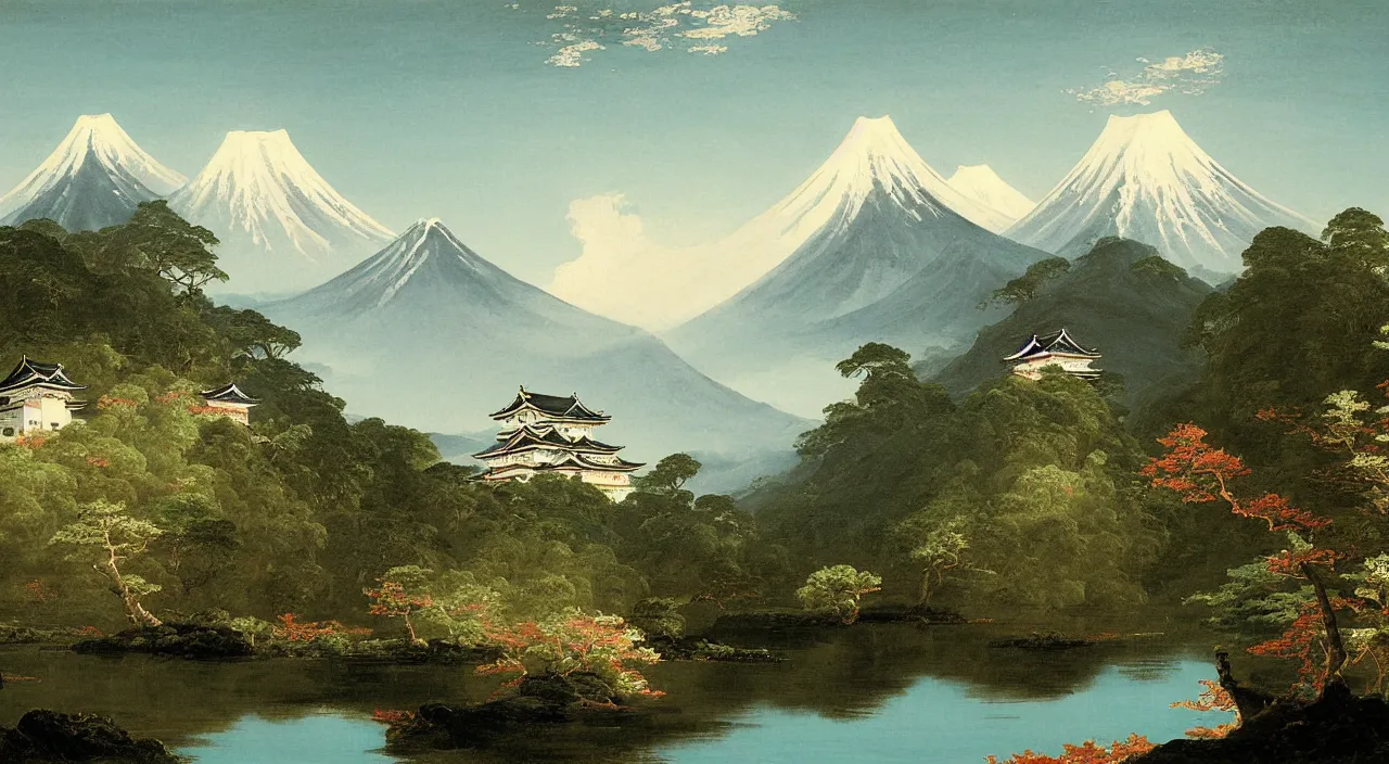 Prompt: a landscape painting of a Japanese castle, by Thomas Cole