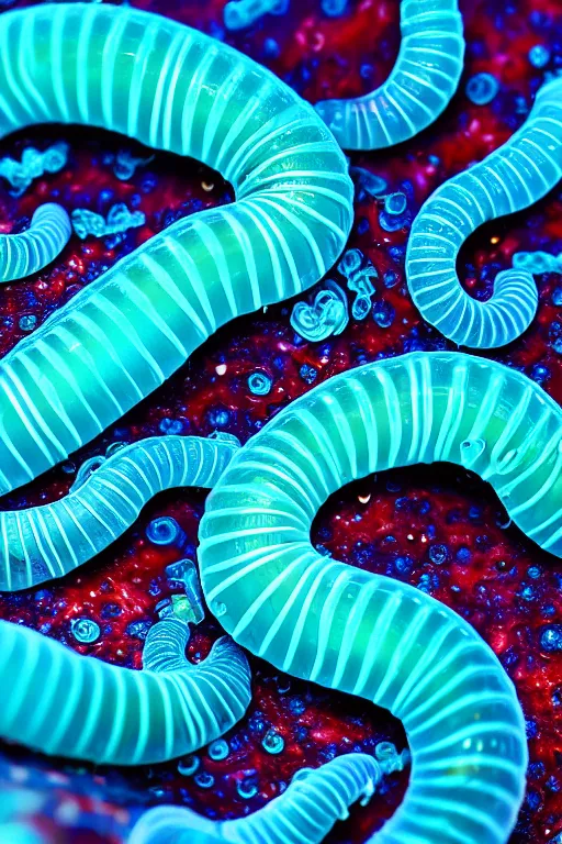 Image similar to high quality macro photo mecha gelatinous worms! gorgeous highly detailed hannah yata elson peter cinematic turquoise lighting high quality low angle hd 8k sharp shallow depth of field