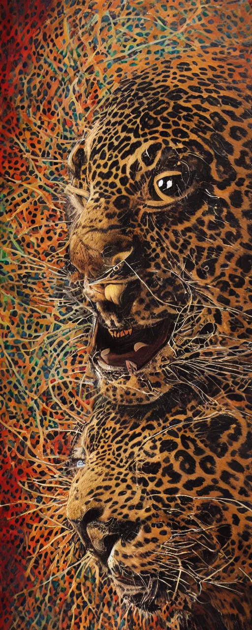 Image similar to an intricated and detailed painting of a shaman turning into a jaguar 4 k render