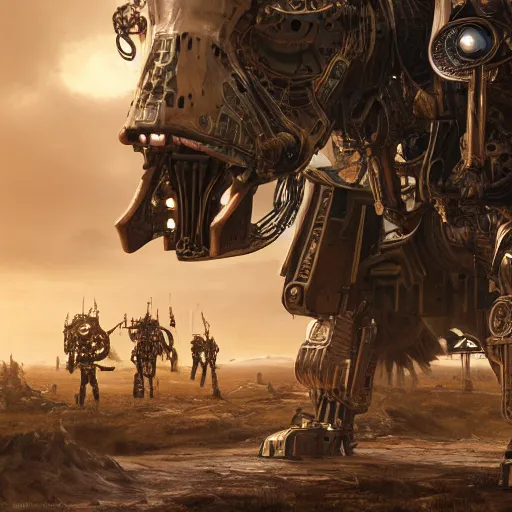 Prompt: gigantic bipedal humanoid lethal robot war machine standing in a battlefield, steam punk, 70's sci-fi, highly detailed, sharp focus, photorealistic, hyperrealistic, deep aesthetic, 4k, highly ornate intricate details, cinematic lighting, rich colors, digital artwork, ray tracing,