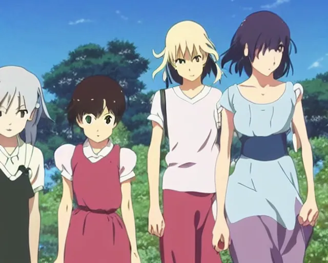 Prompt: three pretty!!!! anime women looking disgustedly!!!!! at the viewer, by makoto shinkai, studio ghibli