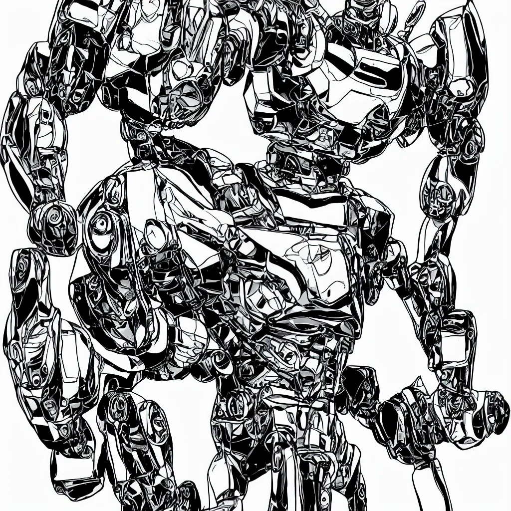 Prompt: a portrait of an ultra detailed hard edged robot front view in comic book black and white