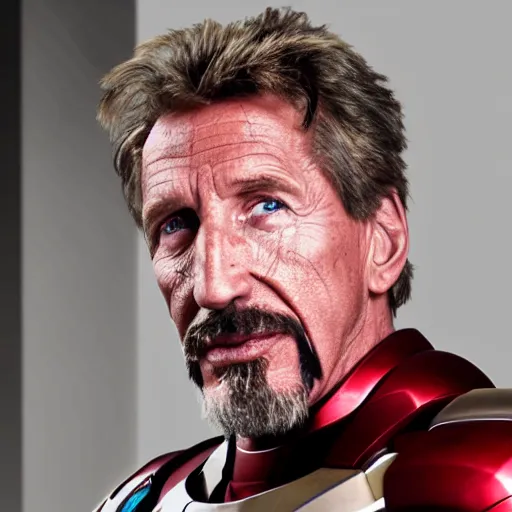 Prompt: John McAfee as IronMan, marvel studios, gray hair