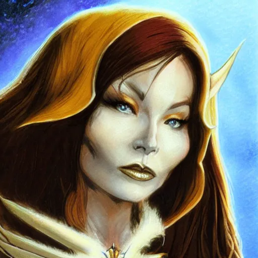 Prompt: Character portrait, face close up: Half Elf Female Celestial Warlock (with imp familiar). Tori Amos avenging angel. In the style of Ralph Horsley