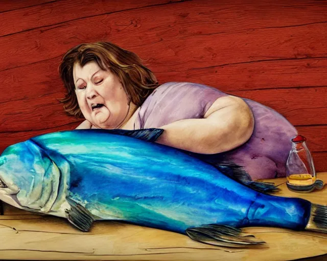 Image similar to an innocent and beautiful scene in hyper realistic style, watercolor and pen oily drawing on wood, of a fat old woman painting a huge colorful fish on the wall, lighting from the barred window. shadows. 4 k. wide angle. wild mood. red mouth, blue eyes. deep focus, lovely scene. ambient occlusion render. unreal engine.