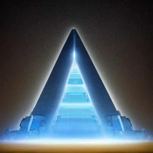 Prompt: big pyramid with blue glow lights and fog in background, huge spaceship in sky, cinematic looking, drama, scary