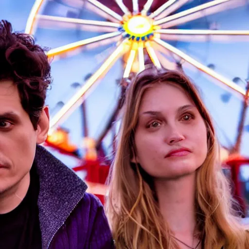 Image similar to john mayer on a ferris wheel making out with his model girlfriend in the middle of an amusement park. people have their families with them. it was the most awkward scene to ever happen to them. cinematic 8 k