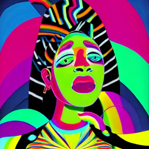 Image similar to closeup portrait of a black woman with yellow eyes and a rainbow background, digital art by tomokazu matsuyama, by ed paschke, by agnes pelton, by patrick nagel, behance contest winner, generative art, irridescent, holography, neon, dark art, retrowave, grain, androgynous, black background