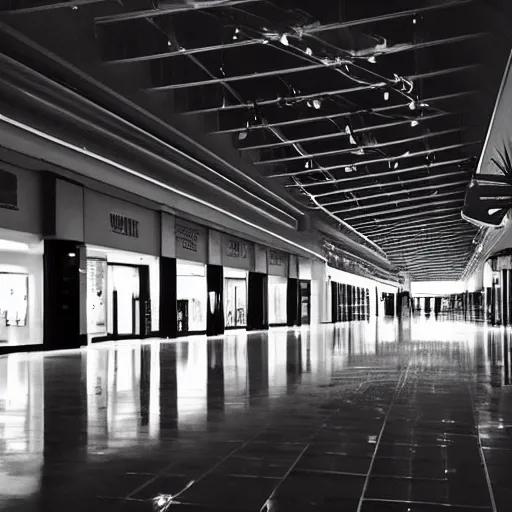 Prompt: empty mall, dark, liminal space photograph