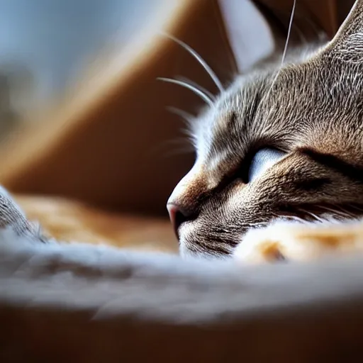 Prompt: close - up of a cat sleeping in a bed made of dead branches, sun rays, cinematic shot, photo still from movie by denis villeneuve