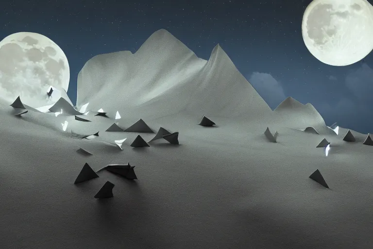 Prompt: origami moon fauna and landscape, volumetric lighting