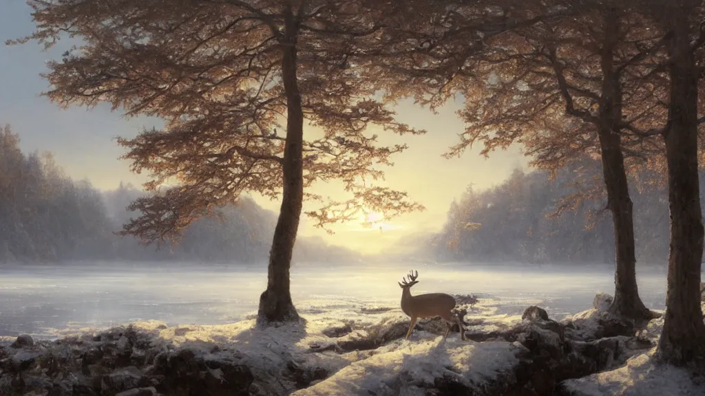 Image similar to the most beautiful panoramic landscape, oil painting, where a giant dreamy lake is frozen, the trees around have snow over their leafs, a majestic deer is exhaling steam and the ray lights of the sunrise are brightening him, by greg rutkowski