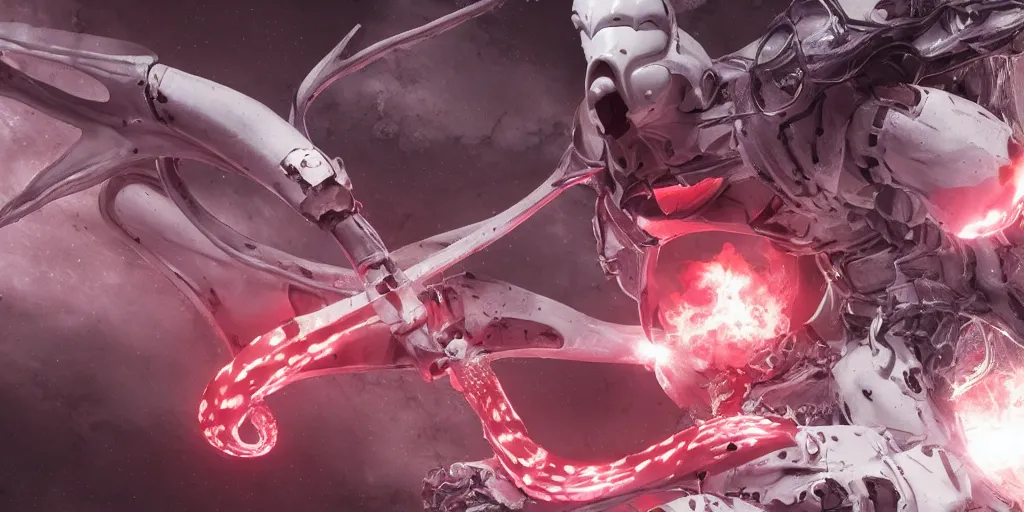 Prompt: 3d render of a white guardian from sidonia no kishi with a kabizashi lance in melee combat with a horrifying tentacles monster in empty stellar space, 150mm, white metallic, wires, microchip, japanese mecha style, highly detailed, white robot, rim light, flashy red lights, tsutomu nihei style