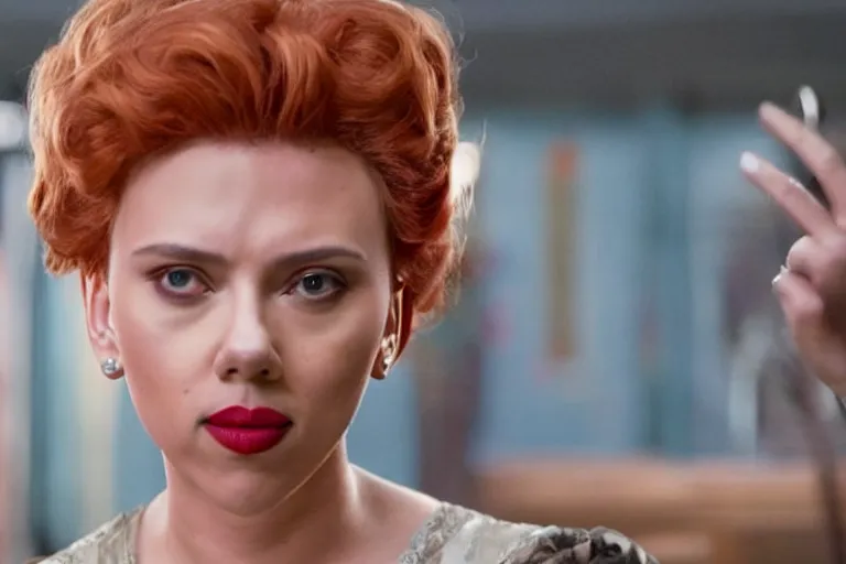 Image similar to scarlett johansson as an exaggerated caricature of a latina woman in the new movie directed by joss whedon, movie still frame, promotional image, critically condemned, top 6 worst movie ever imdb list, symmetrical shot, idiosyncratic, relentlessly detailed, limited colour palette
