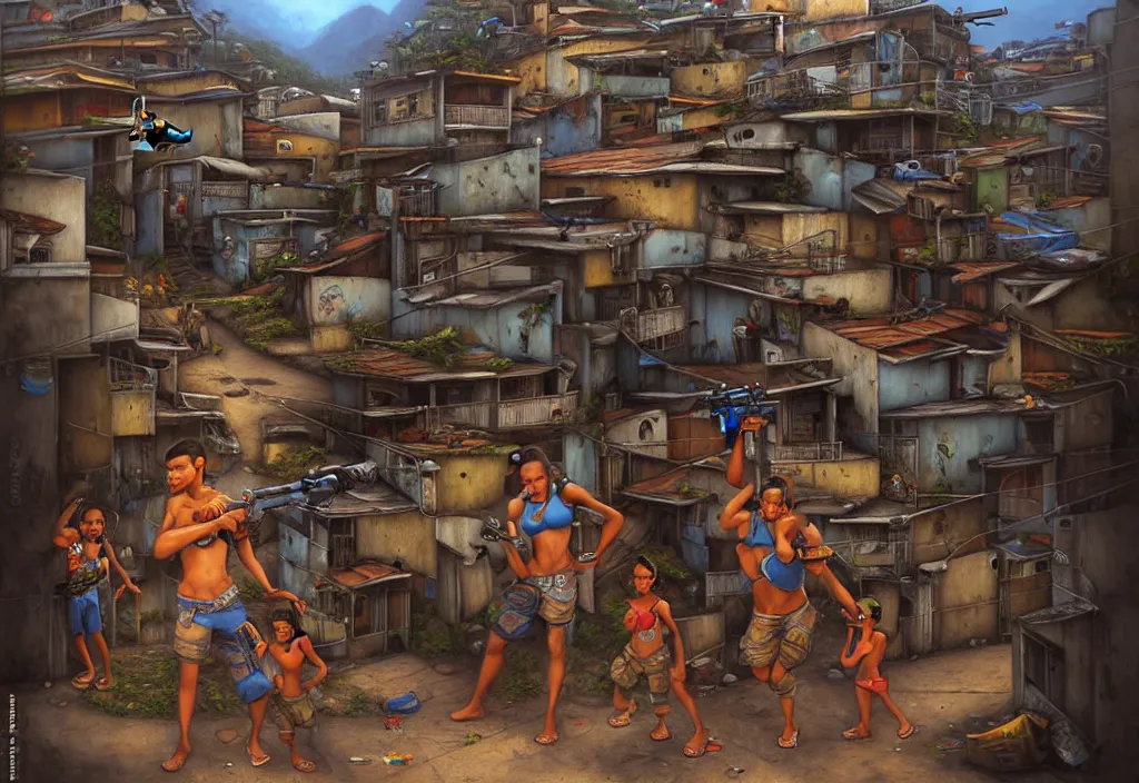 Image similar to photorealistic favela rio with guns and kids in by Justin Gerard