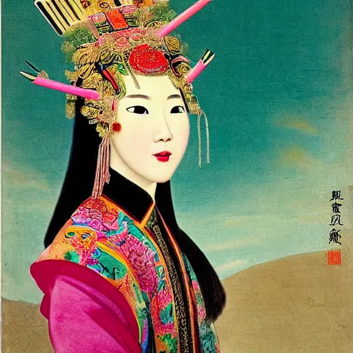 Image similar to impressive colorful portrait of a high fashion wudan girl in a chinese opera headdress, renaissance painting