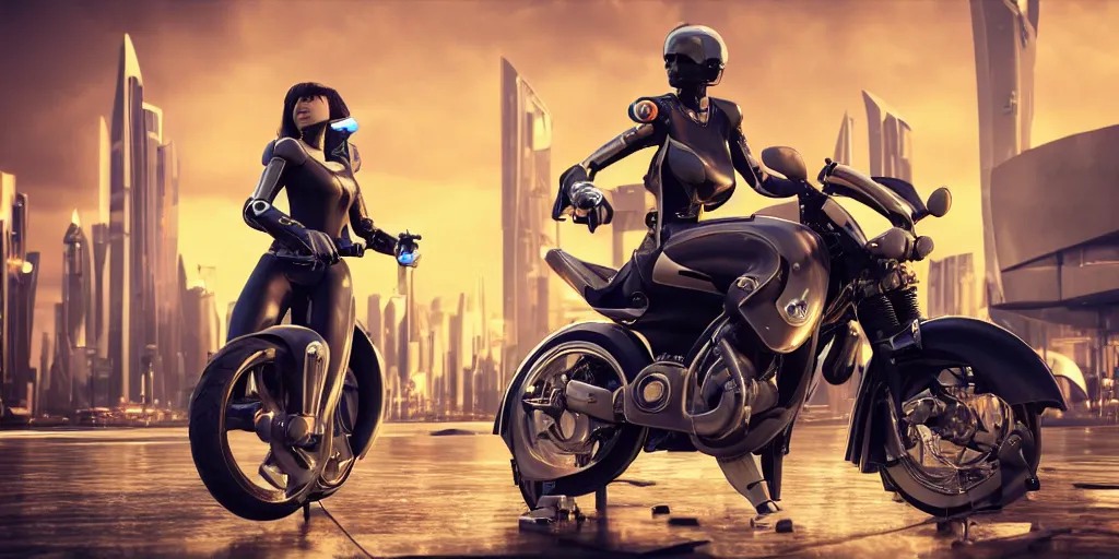 Prompt: futuristic cyborg female rider on a yamaha tw 2 0 0 motorcycle, cityscape, 3 d art, c 4 d, render, 8 k, hd, bladerunner 2 0 4 9