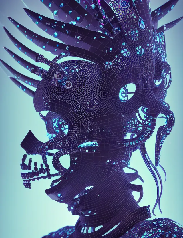 Image similar to 3 d goddess close - up profile simple portrait cybernetic with skull. beautiful intricately detailed japanese crow kitsune mask and clasical japanese kimono. betta fish, jellyfish phoenix, bio luminescent, plasma, ice, water, wind, creature, artwork by tooth wu and wlop and beeple and greg rutkowski