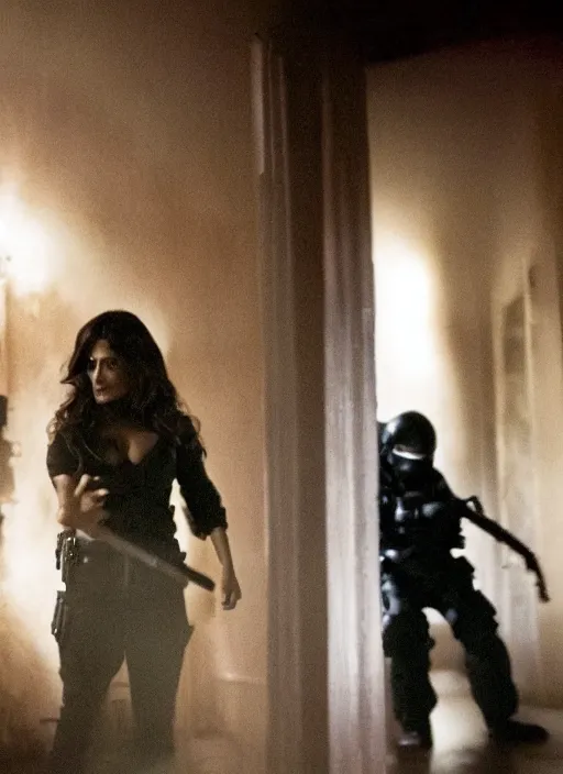 Prompt: film still of salma hayek in a haunted house, ghostly figures surrounding her, revealing cop uniform, 4k