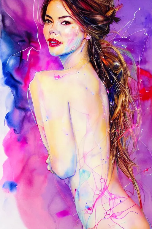 Prompt: sexy seductive little smile sophia vergara by agnes cecile enki bilal moebius, intricated details, spreading legs, 3 / 4 back view, hair styled in a bun, bend over posture, full body portrait, extremely luminous bright design, pastel colours, drips, autumn lights
