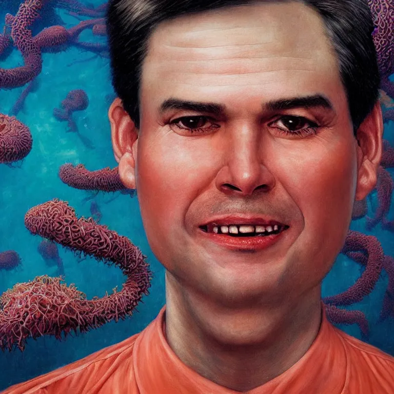 Prompt: Hyperrealistic intensely colored close up studio Photograph portrait of deep sea bioluminescent Senator Marco Rubio, symmetrical face realistic proportions eye contact tentacles, Grinning in a coral reef underwater, award-winning portrait oil painting by Norman Rockwell and Zdzisław Beksiński vivid colors high contrast hyperrealism 8k