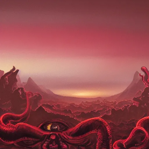 Image similar to translucent fleshy column of gory tendrils holding up a giant all - seeing eyeball, sharp mountains in the distance, dark red sky, smoke rising, apocalyptic, extremely detailed