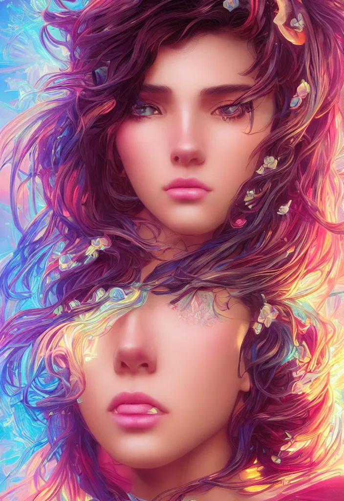 Image similar to beautiful, young woman, detailed gorgeous face, vaporwave aesthetic, synthwave, colorful, psychedelic, artstation, concept art, smooth, extremely sharp detail, finely tuned detail, ultra high definition, 8 k, unreal engine 5, ultra sharp focus, illustration, art by artgerm and greg rutkowski and alphonse mucha