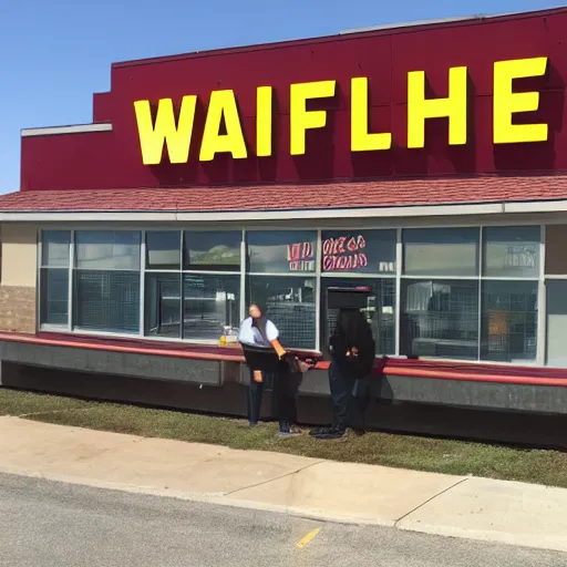 Prompt: wafflehouse employee's below wafflehouse sign