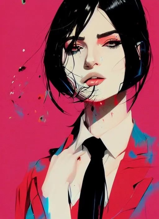 Prompt: a ultradetailed beautiful panting of a stylish woman wearing a shirt with a tie, she has black hair, dancing, background explosion, by conrad roset, ilya kuvshinov, greg rutkowski on artstation