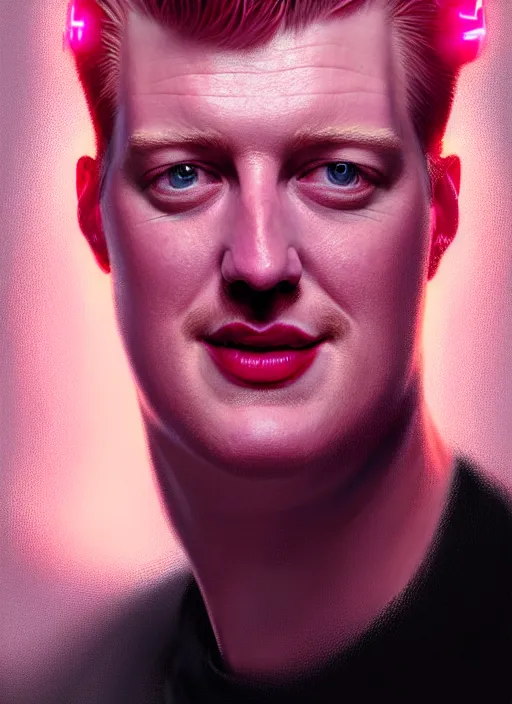 Image similar to portrait of josh homme, realistic, smile, ugly, defined jawline, big chin, pink hair bow, intricate, elegant, glowing lights, highly detailed, digital painting, artstation, sharp focus, illustration, art by wlop, mars ravelo and greg rutkowski