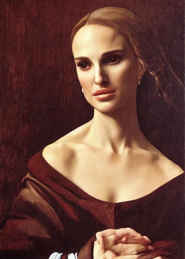 Image similar to a portrait of a Natalie Portman , beautiful clothes, oil painting in a renaissance style , very detailed, painted by Caravaggio.