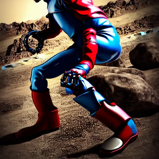 Image similar to breakdancing Kamen Rider snake oil salesman b-boy cowboy standing in a rock quarry, single character full body, 4k, glowing eyes, rock quarry location, daytime, rubber suit, pvc armor, dark blue with red secondary color segmented armor, biomechanical, techno organic armor, ultra realistic, moody colors, ultra realistic, Beautiful Cinematography