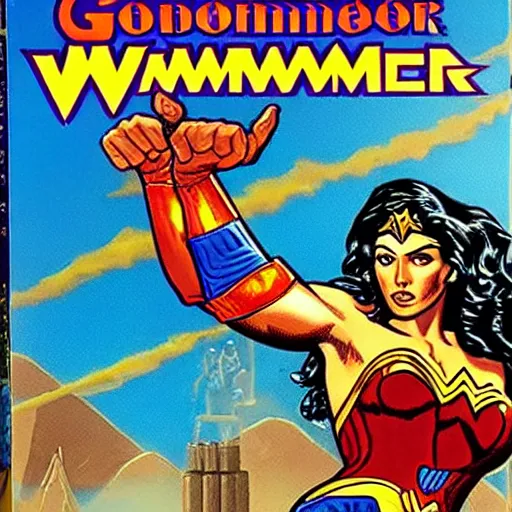 Prompt: video game box art of a commodore 6 4 game called wonder woman, highly detailed cover art.