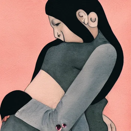 Image similar to Hot young woman, grey skin, void eyeballs, tattoos, wearing a leather jacket, hugging a shrouded person as they cry on her chest, comforting, touching, wholesome, art, watercolour, big sister, little brother, 4k