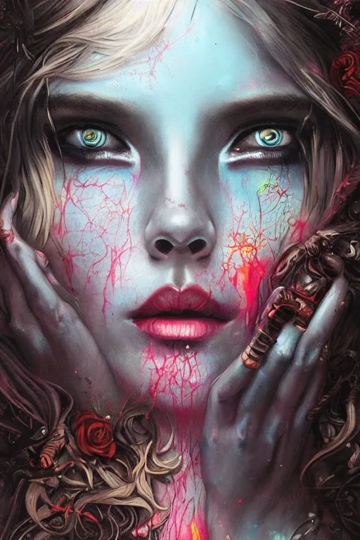 Prompt: dream portrait of the beautiful goddess death,full character, melting ,8k,by tristan eaton,Stanley Artgermm,Tom Bagshaw,Greg Rutkowski,Carne Griffiths, Ayami Kojima, Beksinski, Giger,trending on DeviantArt,face enhance,hyper detailed,minimalist,horror, android, full of colour